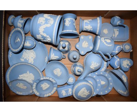 A collection of Wedgwood Jasperware in light blue to include a small jardiniere, plates, vases trinkets and others (approx 30