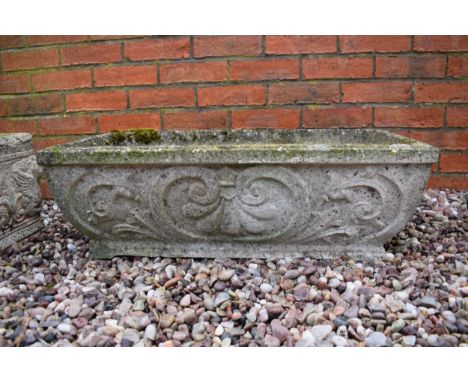 Reconstituted stone garden trough / planter with ornate design, 75x36x25cm tall.  