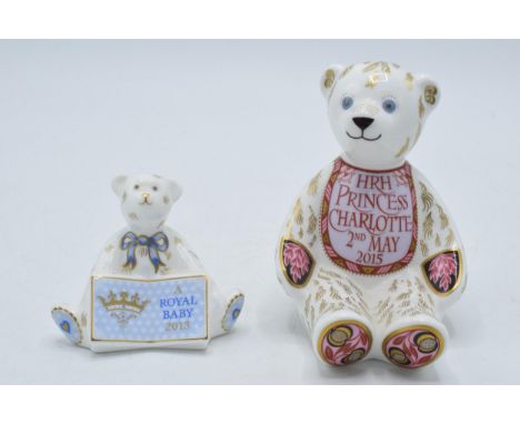 Royal Crown Derby paperweights to include Princess Charlotte Teddy Bear, gold stopper, and Royal Baby Bear, first quality, bo