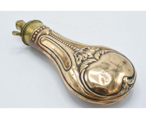 19th century copper and brass powder flask with repousse decoration by James Dixon &amp; Sons Sheffield, 20cm long.  