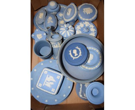 Wedgwood Jasperware in blue to consist of a large pedestal bowl, vases, trinkets, plates etc (approx 30 pieces).  Condition i