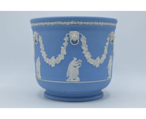 Large Wedgwood jardiniere / planter in light blue Jasperware, 25cm diameter.  In good condition, some surface wear and deep c