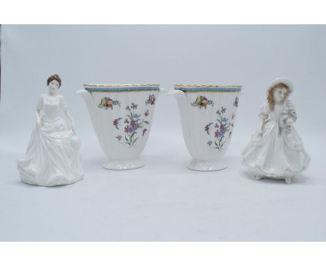 A pair of Spode Trapnell ribbed vases together with Royal Doulton figure Harmony and Royal Worcester Lucy (4).  In good condi