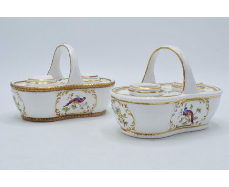 Spode china inkstand in the Chelsea Bird pattern together with another similar example (2).  One is in good condition with no