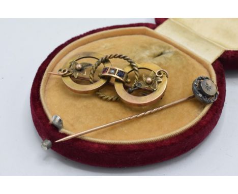 9ct gold brooch set with a sapphire, pearl and ruby together with cased 9ct gold and diamond stick pin, 4.3 grams.  