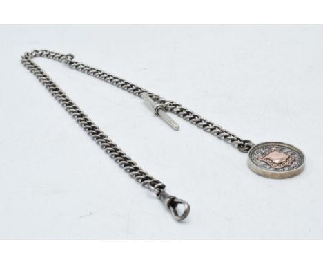 Hallmarked silver Albert chain with T-bar and fob, 45.1 grams, 41cm long.  