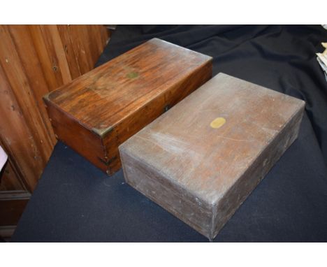 19th century wooden writing slope with brass escutcheon together with wooden empty cutlery box with loose cutlery (2).  