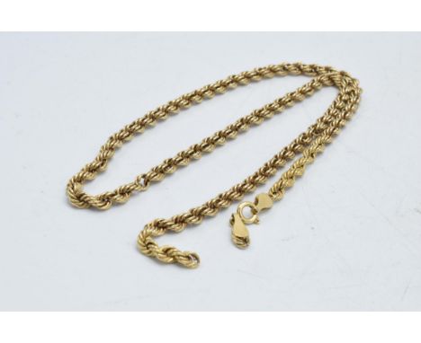 9ct gold rope chain, 6.3 grams, 46cm long, clasp af.  
