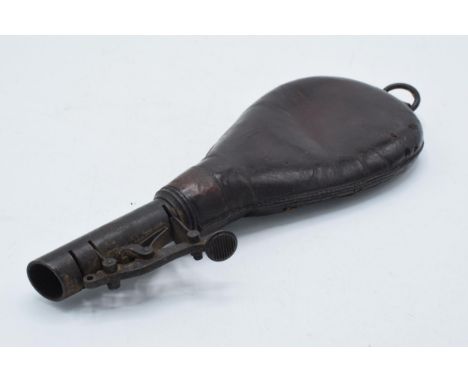 Late 19th century leather and metal powder / pellet flask, 22cm long, with pellets.  