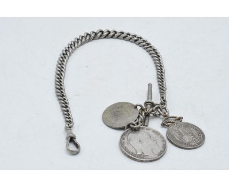 Hallmarked silver Albert chain with silver coins and T bar, 68.2 grams, 36cm long.  