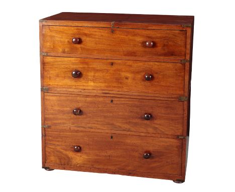 A VICTORIAN MAHOGANY AND BRASS BOUND CAMPAIGN CHEST in two sections, the upper with a caddy top and two long drawers, the low