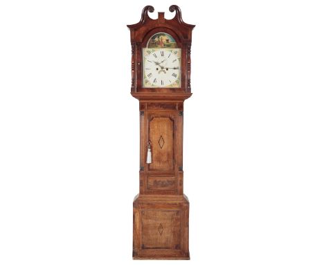 A VICTORIAN  OAK AND MAHOGANY CROSS-BANDED LONGCASE CLOCK with eight day, two train, five pillar movement, the enamel face wi