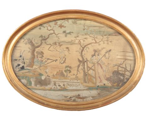 A GEORGE III SILKWORK TAPESTRY depicting a pastoral scene with shepherds and animals, 31cm x 47cm 
