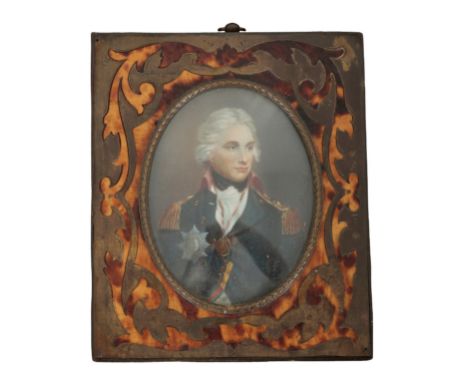 A 19TH CENTURY PORTRAIT MINIATURE depicting Admiral Horatio Nelson, in military uniform, signed 'Frapie', 8.5cm x 6.5cm, in a