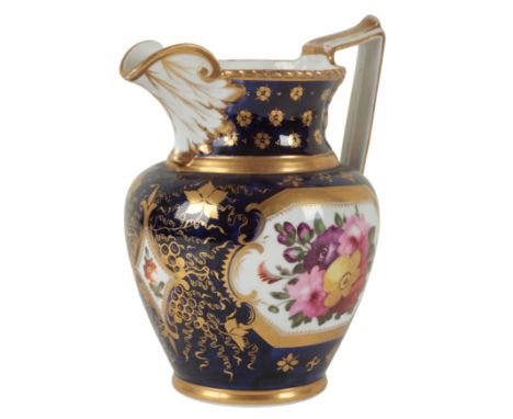 AN H AND R DANIEL PORCELAIN EWER early 19th century,  decorated in cobalt blue and gilt banding, with floral panels to each s