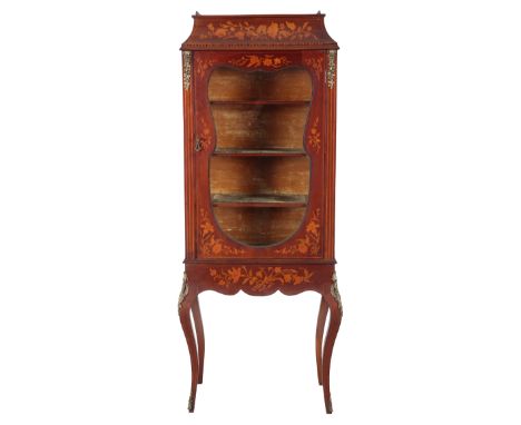 A LOUIS XV STYLE MAHOGANY AND MARQUETRY VITRINE early 20th century, the pierced three-quarter brass gallery above a single gl