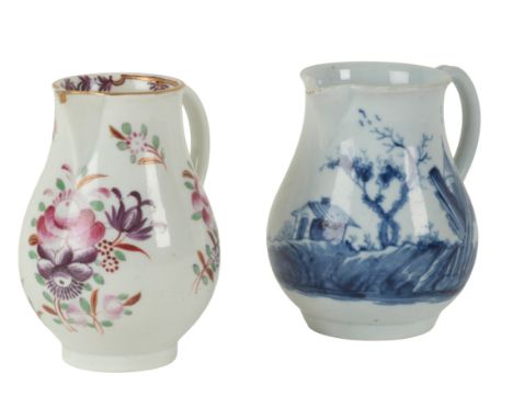 TWO WORCESTER PORCELAIN SPARROW BEAK JUGS one example decorated in blue and white with chinoiserie scenes, 8cm high, the othe