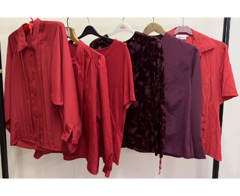 6 women's tops in shades of red, in varying styles and sizes. To include Devore long sleeved top, patterned top and a Mandari