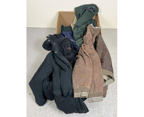 A box of men's coats, jackets &amp; blazers. To include Lewis &amp; finch, Ashworth and Burton. 