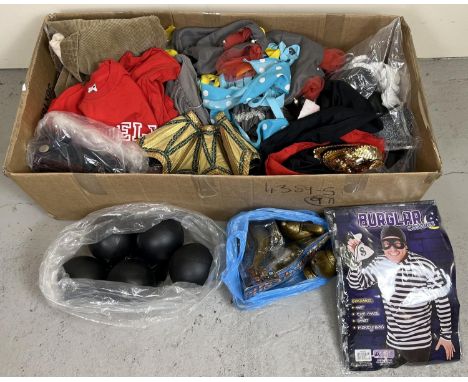 A box of assorted theatre costume accessories and props. To include some new items. 