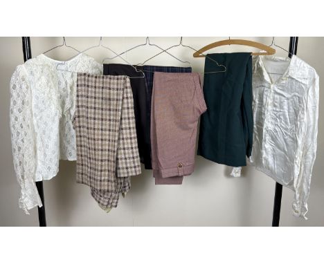 A collection of assorted vintage and modern ladies trousers and blouses. To include a vintage cream lace blouse by Welkut. 