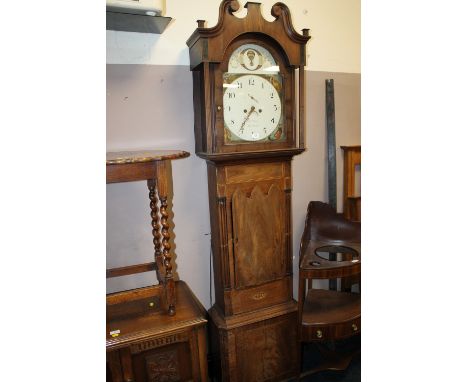 A 19TH CENTURY OAK AND MAHOGANY EIGHT DAY LONGCASE CLOCK, the painted arched dial with subsidiary seconds dial and date apert