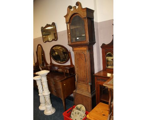 A 19TH CENTURY OAK AND MAHOGANY LONGCASE CLOCK, the painted arched dial with windmill decoration to the arch, thirty hour mov