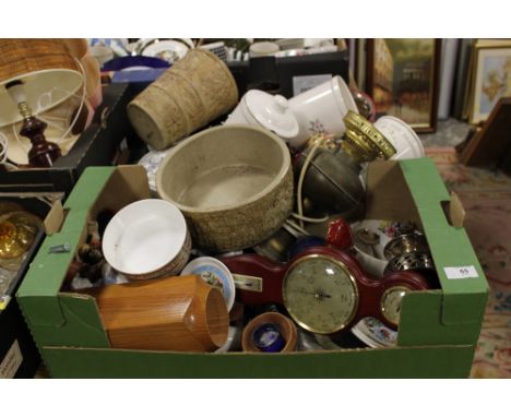 TWO TRAYS OF CERAMICS ETC TO INC A CONVERTED OIL LAMP