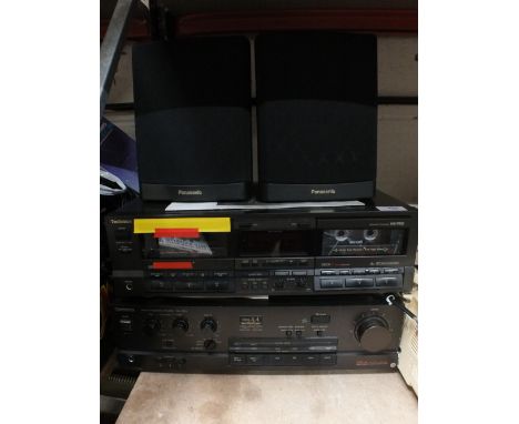A TECHNICS TAPE DECK & AMPLIFIER PLUS A PAIR OF PANASONIC SPEAKERS