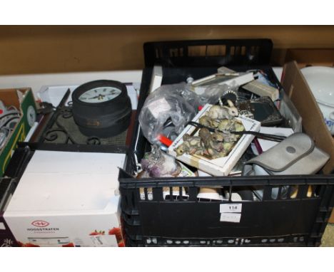 TWO TRAYS OF SUNDRIES TO INC A TEMPERAT CLOCK, FIGURES ETC