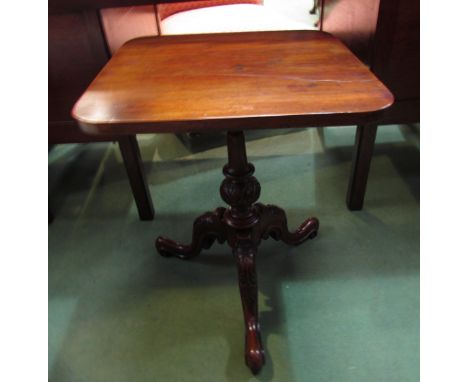 A Victorian walnut round cornered top wine table on a turned &amp; carved tripod base with scroll feet, 55cm x 43cm x 44cm   