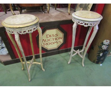 A pair of ornate painted marble topped plant/lamp stands, 93cm high and 39cm in diameter