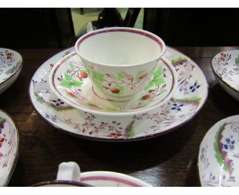 A selection of English approx. Circa 1820 lustre ware cups and saucers with painted leaves 