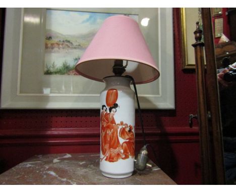 A 20th Century Japanese white ceramic table lamp base with Geisha girl design in orange clothing, character mark to base