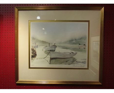 BENJAMIN SMITH (XX-XXI): An artist's proof print depicting rowing boats moored in calm water, signed to margin, 32cm x 41cm ,