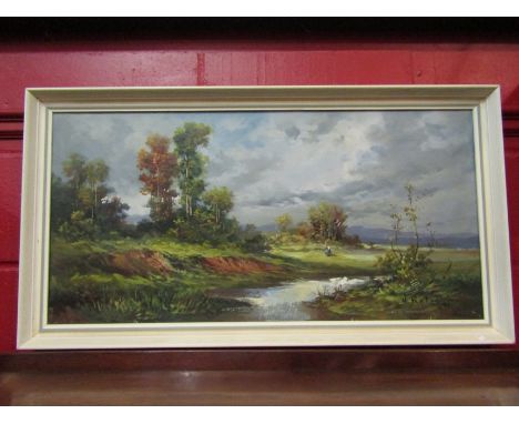 V ROTINI (XX) A framed oil on canvas, 'figures by a riverside path, mountains in the distance'. Signed bottom right 82cm x 47