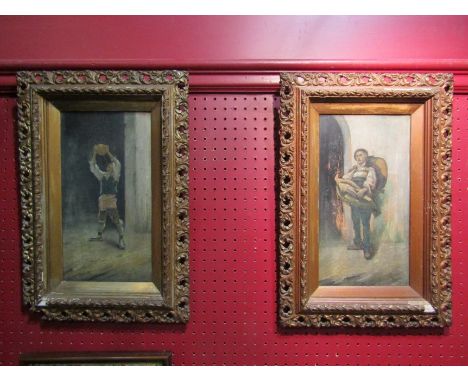 A pair of 19th Century naive oils of figures including street busker, gilt gesso framed 30 x 45cm