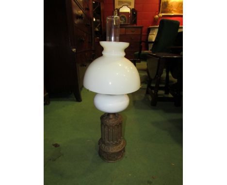 A Victorian spelter column form oil lamp with Hink's Duplex patent burner 