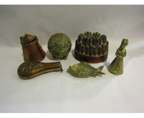 An ornate circular brass string box, a copper jelly mould (a/f), a lady bell with legs clanger, a copper WAS Benson pot (a/f)