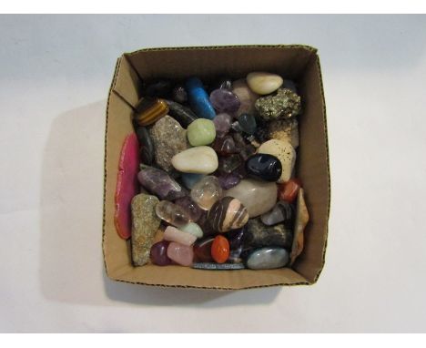 A box of miscellaneous hard stones including amethyst tiger eye, agate etc 