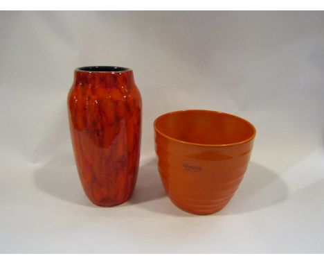 A West German orange glazed vase, cobalt blue interior, 23cm tall approx. and a Scheurich orange ceramic jardiniere, 14cm tal