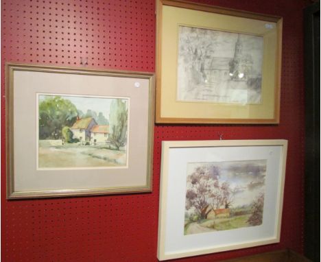 A framed and glazed pencil drawing "St George's, Shimpling", plus two framed and glazed watercolours of cottages, indistinctl