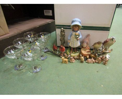 Two Beswick birds, a Hollie Hobby figure, Wade whimsies, a plated Scottish toddy ladle and six Babycham glasses etc.