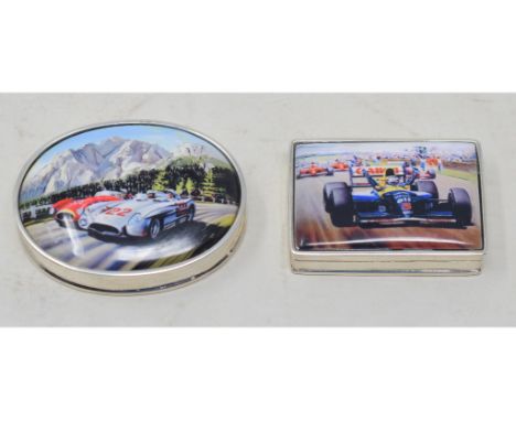 An oval silver pill box, decorated a car, and another similar (2)Report by RBModern 