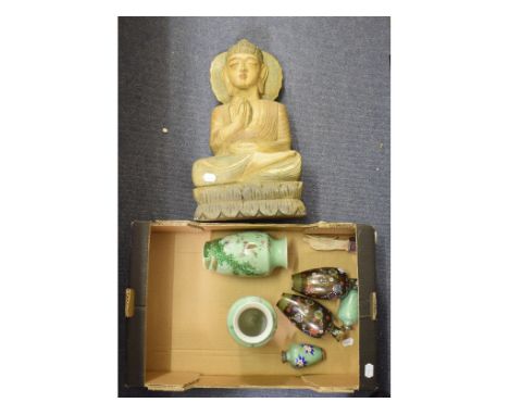 A carved wood Buddha, 51 cm high, a pair of Japanese vases, 21 cm high, and other items (box) 