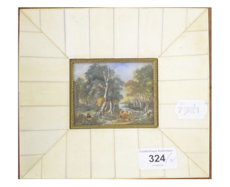 A miniature, with figures by a river crossing, 6 x 8 cm, in a piano key frame, and an oval miniature portrait, in a similar f