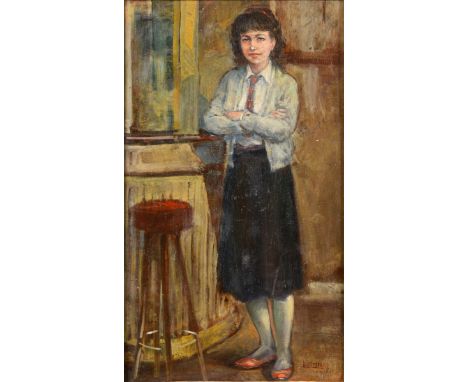 Kamel Moustafa (Egyptian, 1917-1982), a portrait of a Young Princess (Fawzia Faud), oil on panel, signed, label verso, 66.5 x