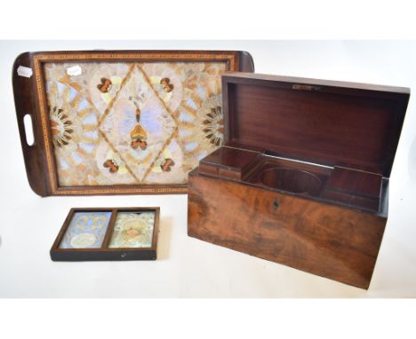 A Victorian mahogany tea caddy, 33 cm wide, a cut paper diorama, a butterfly wing tray, assorted ceramics and pictures (qty) 