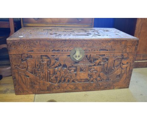 An Eastern camphorwood chest, 101 cm wide, a bureau, pictures and items (qty)Camphorwood chest: Split to rear right of top. L