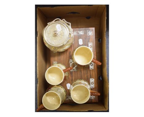 A Victorian inlaid rosewood writing slope, 40 cm wide, two bagatelle boards, a folding stool, four Crown Devon John Peel mugs